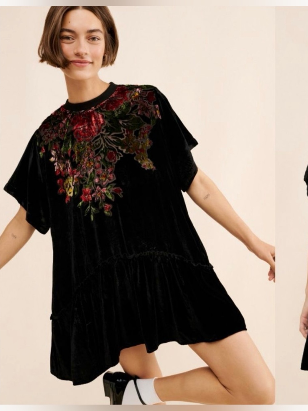 Free People Bohemian Black Floral Velvet Dress - Picture 2 of 7